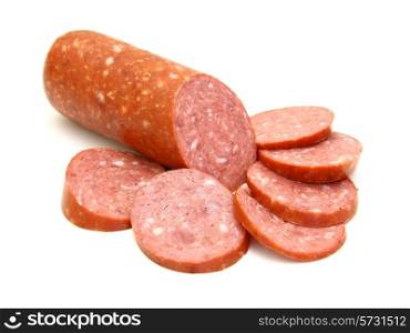 Sausage cut by slices on a white background