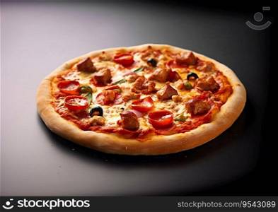 Sausage pizza with tomato sauce and cheese on black background.AI Generative.