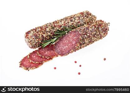Sausage with greenery on isolated background