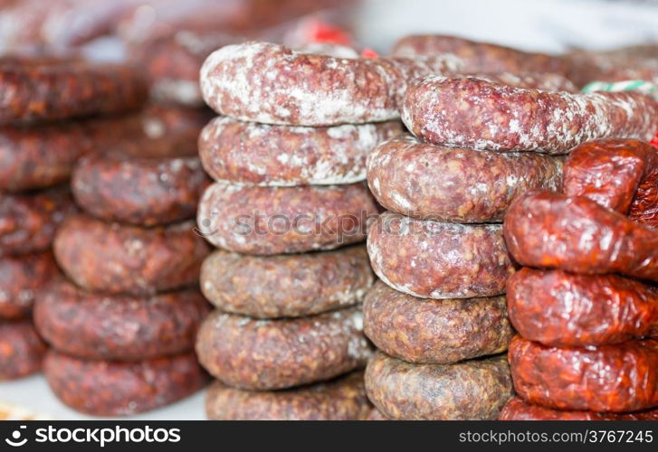 Sausages handmade market at a standstill