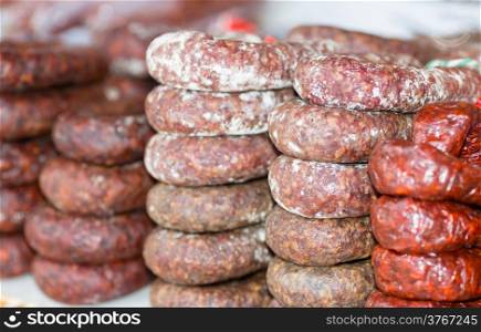 Sausages handmade market at a standstill