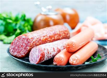 sausages on a table, sausages and salami