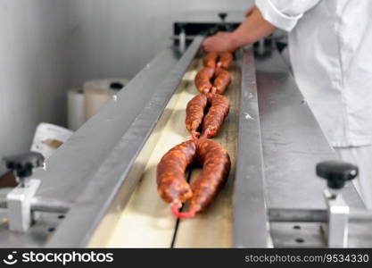 Sausages. Packing line of sausages. Industrial manufacture of sausage products. High quality photo. Sausages. Packing line of sausages. Industrial manufacture of sausage products.