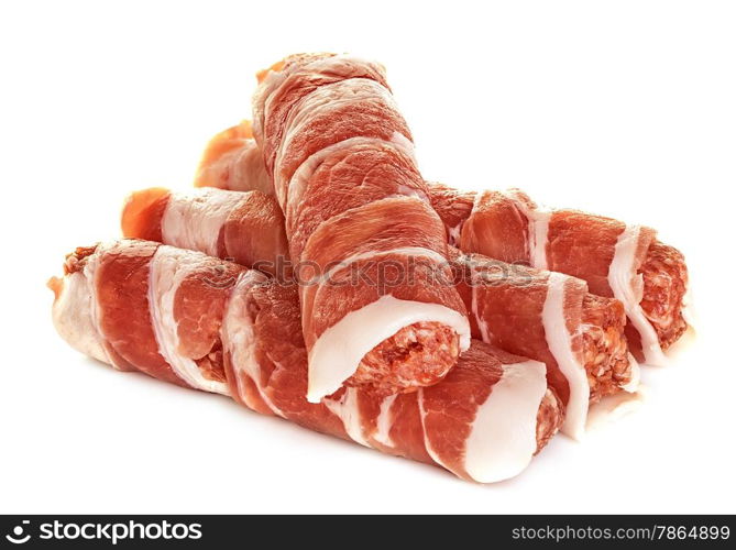 sausages wrapped in bacon, chevapchichi isolated on white background