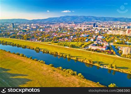 Sava river and Zagreb cityscape aerial view, capital of Croatia