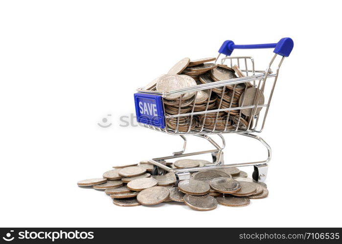 Save concept with shopping cart with full of coin.