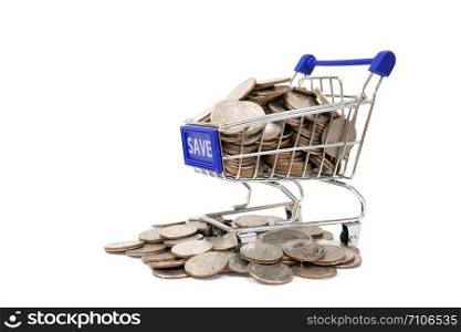 Save concept with shopping cart with full of coin.