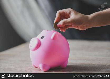 Save money concept, child hand putting money coin into piggy bank for saving money for education study