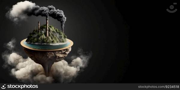 Save planet, smoke from chimney on globe, black background, isolate. Header banner mockup with copy space. AI generated.. Save planet, smoke from chimney on globe, black background, isolate. AI generated.
