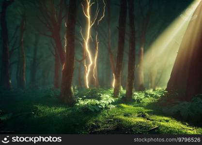 save the green planet concept with fresh geen forest and electric lighning, clear green energy concept. green planet concept