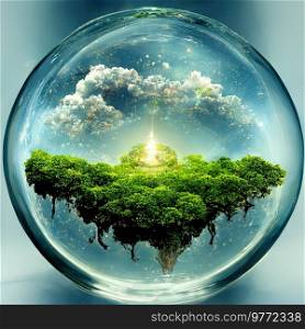 save the green planet concept with green Earth under blue sky in protecting shell, 3D illustration. green planet concept