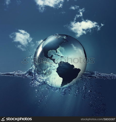 Save the planet. Earth globe on the water waves, abstract natural backgrounds