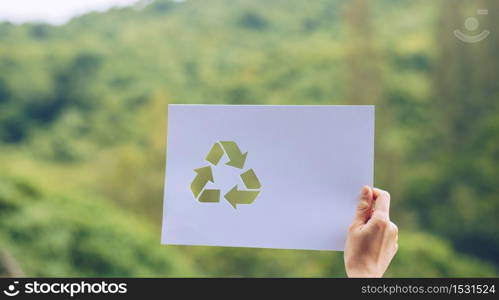 save world ecology concept environmental conservation with hands holding cut out paper recycle showing