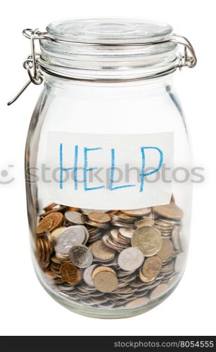 saved coins for rainy day in closed glass jar isolated on white background