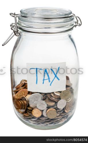 saved coins for taxes in closed glass jar isolated on white background