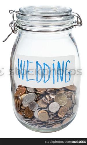 saved coins for wedding in closed glass jar isolated on white background