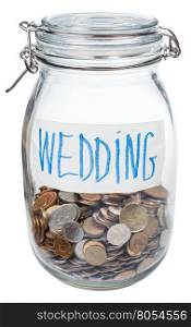 saved coins for wedding in closed glass jar isolated on white background