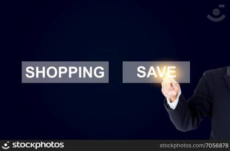 Saving concept-Business woman pointing her finger on save