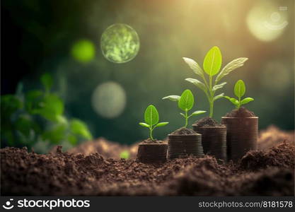 Saving concept by growing plants on coin stack isolated on blur landscape background. Theme of glowing young plant from seed in the forest. Finest generative AI.. Saving concept by growing plants on coin isolated landscape background.