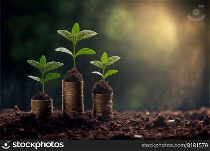 Saving concept by growing plants on coin stack isolated on blur landscape background. Theme of glowing young plant from seed in the forest. Finest generative AI.. Saving concept by growing plants on coin isolated landscape background.
