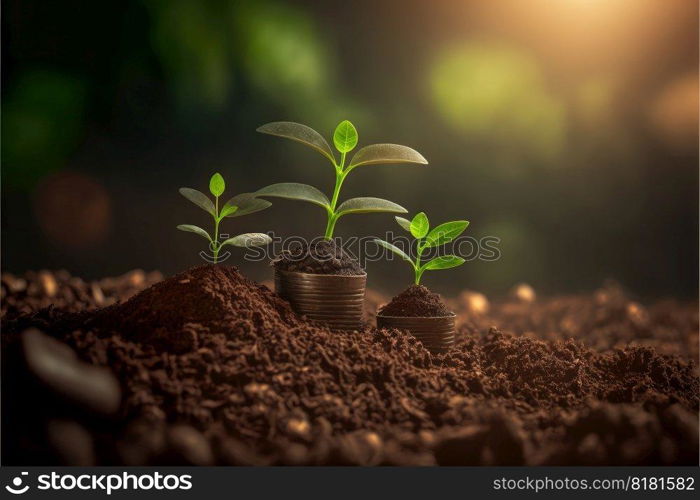 Saving concept by growing plants on coin stack isolated on blur landscape background. Theme of glowing young plant from seed in the forest. Finest generative AI.. Saving concept by growing plants on coin isolated landscape background.