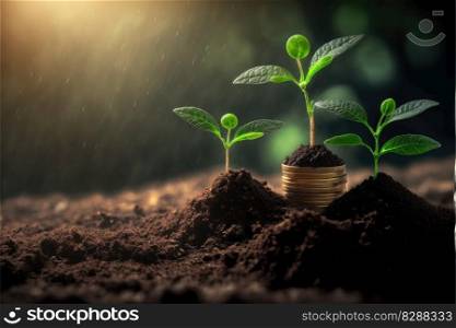 Saving concept by growing plants on coin stack isolated on blur landscape background. Theme of glowing young plant from seed in the forest. Finest generative AI.. Saving concept by growing plants on coin isolated landscape background.