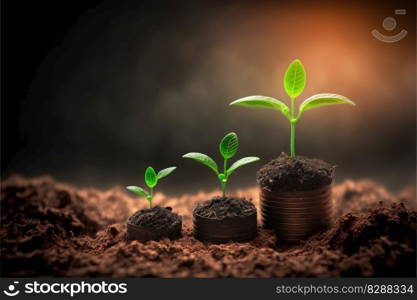 Saving concept by growing plants on coin stack isolated on blur landscape background. Theme of glowing young plant from seed in the forest. Finest generative AI.. Saving concept by growing plants on coin isolated landscape background.