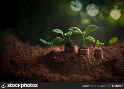 Saving concept by growing plants on coin stack isolated on blur landscape background. Theme of glowing young plant from seed in the forest. Fi≠st≥≠rative AI.. Saving concept by growing plants on coin isolated landscape background.