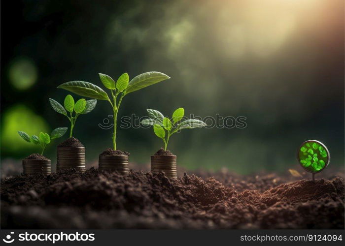 Saving concept by growing plants on coin stack isolated on blur landscape background. Theme of glowing young plant from seed in the forest. Finest generative AI.. Saving concept by growing plants on coin isolated landscape background.