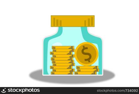 Saving dollar coin in jar, 3D rendering