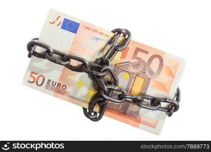 Saving insurance concept. Money for security and investment. Euro currency paper banknotes in chain. Isolated on white
