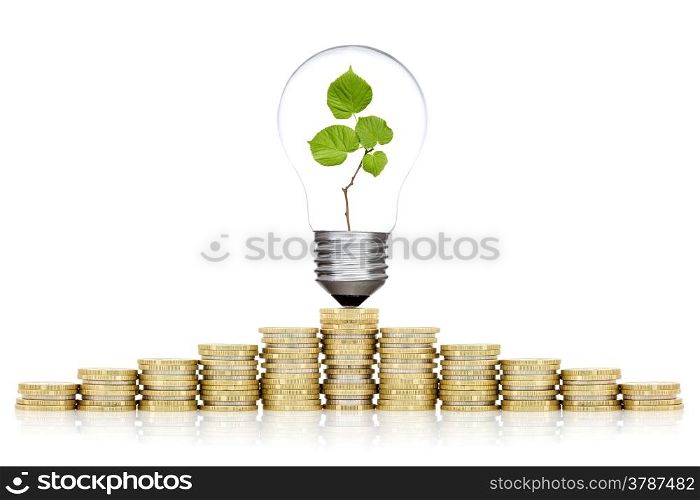 Saving money concept. Bulb and coins stacked on white background