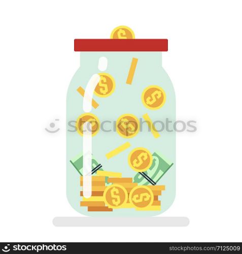 Saving money glass jar flat vector illustration. Storage and moneybox, earnings and profit. Saving money glass jar flat vector illustration