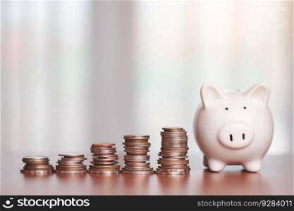 Saving piggy bank with step of money coins on the wooden table for investment, business, finance and saving money concept.