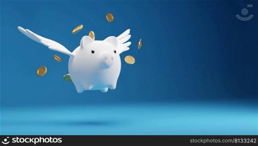 Savings concept design of piggy bank with wings flying and gold coins on blue background 3D render