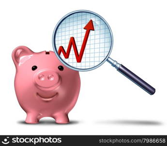 Savings growth chart business symbol as a piggy bank with a magnifying glass showing an upward arrow on a financial graph as a metaphor for budget success.