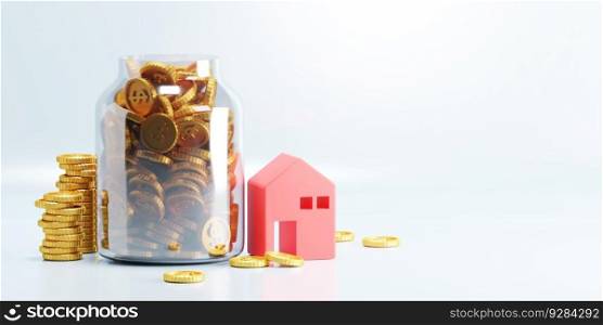 Savings money for buying home concept design of red house model and gold coins with copy space 3D render