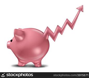 Savings profits as a ceramic piggy bank with the tail in the shape of a stock market business graph with an upward arrow representing financial success and profitable finance strategy.