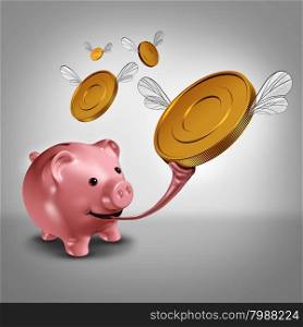 Savings strategy and increasing earnings financial concept as a piggy bank with a long frog tongue catching winged gold currency coins in the air as a money metaphor for budget success.
