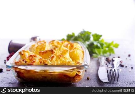Savory food: baked cauliflower with cheese, eggs and cream close-up in a baking dish. Savory food: baked cauliflower with cheese, eggs and cream close-up in a baking dish on a table.