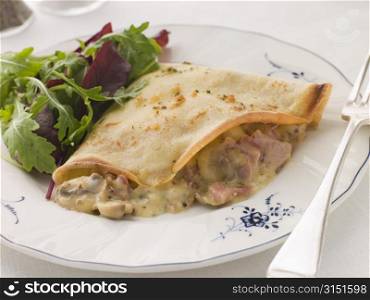 Savoury Pancake filled with Ham Cheese and Mushrooms with dressed salad
