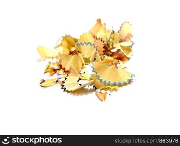 Sawdust shavings of wooden colored pencils from sharpener isolated on a white background, Copy space.