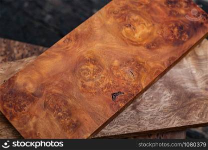 Sawed timber burl wood striped prepare for the crafts