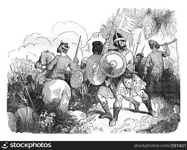 Saxon warriors in the eleventh century, vintage engraved illustration. Colorful History of England, 1837.