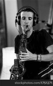 Saxophone Musician in Recording Studio, Black and White