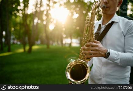 Saxophonist plays melody on golden saxophone in summer park, young talent. Musician with sax outdoors, musical performance in nature, jazz performer. Saxophonist plays melody in summer park