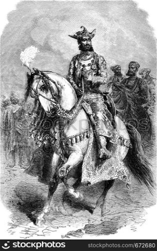 Sayaji Rao Scindia His Highness, the Maharaja of Gwalior, vintage engraved illustration. Le Tour du Monde, Travel Journal, (1872).