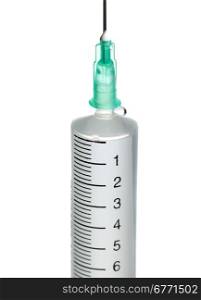 Scale of plastic syringe with solution isolated on white background, high depth of field, studio shot