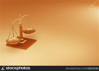 Scale on yellow background. Symbol of justice. 3d