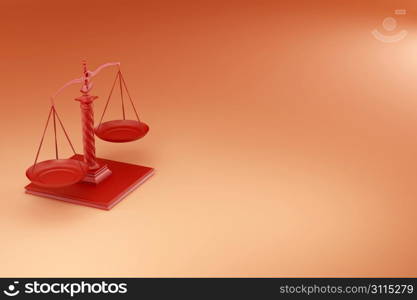 Scale on yellow background. Symbol of justice. 3d